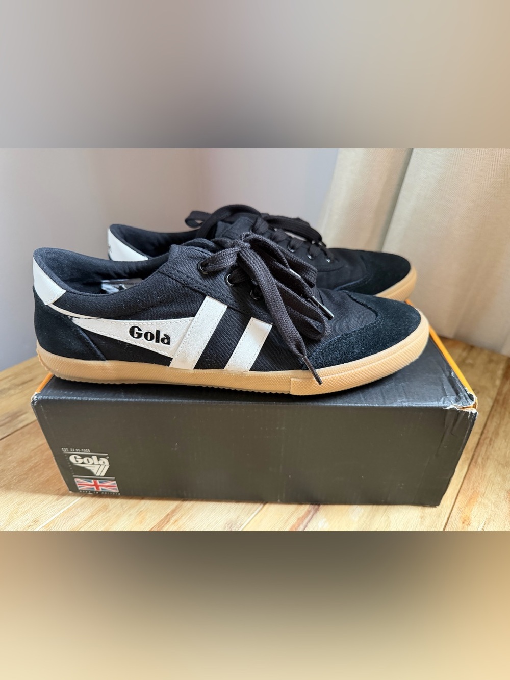 Gola Men’s Black Sneakers with White Stripes and Gum Sole - Picture 2 of 7